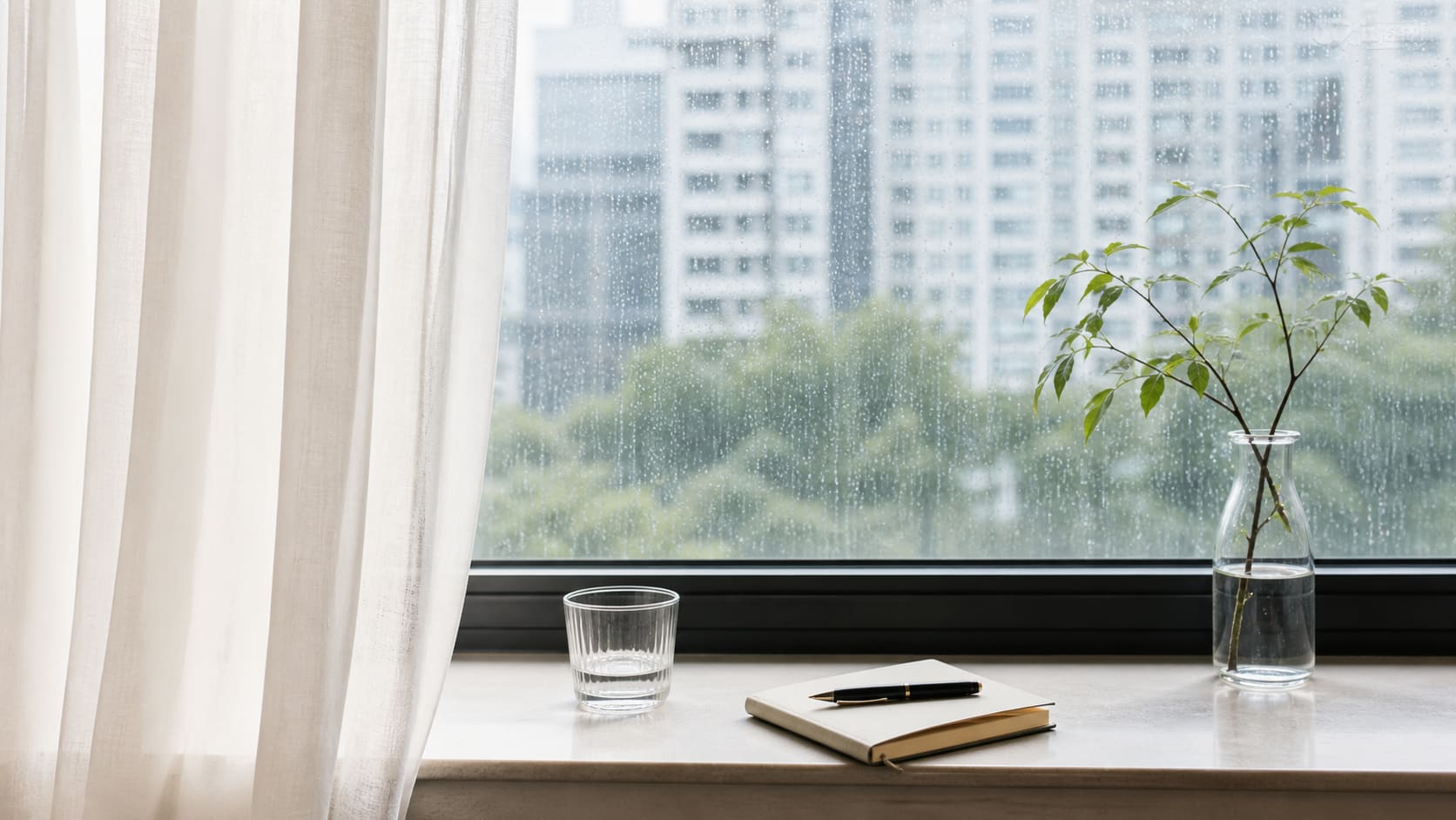 雨水落在窗上，窗边放着水杯、笔记本和一枝绿叶